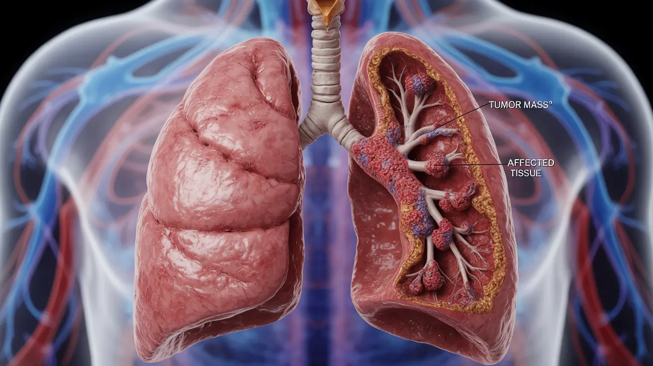Detailed illustration of lung anatomy with cancerous cells, showing the spread of stage 3 lung cancer to surrounding tissues in bright clinical lighting.