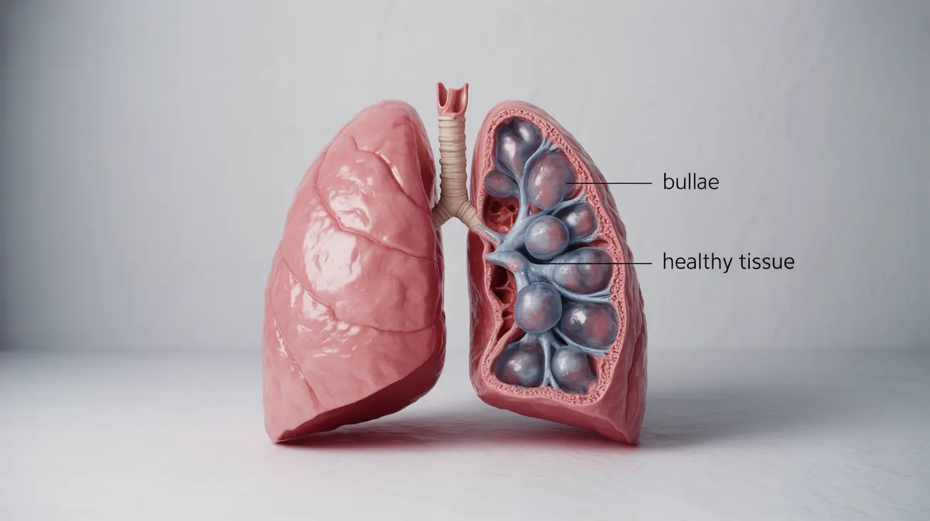 Detailed anatomical illustration showing lungs affected by bullous emphysema, highlighting large air-filled sacs compressing healthy lung tissue in a clinical setting.