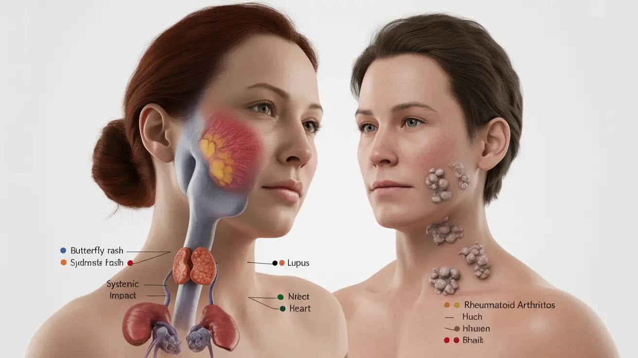 Side-by-side comparison of lupus and rheumatoid arthritis symptoms and effects with annotations for organ involvement on a white background.