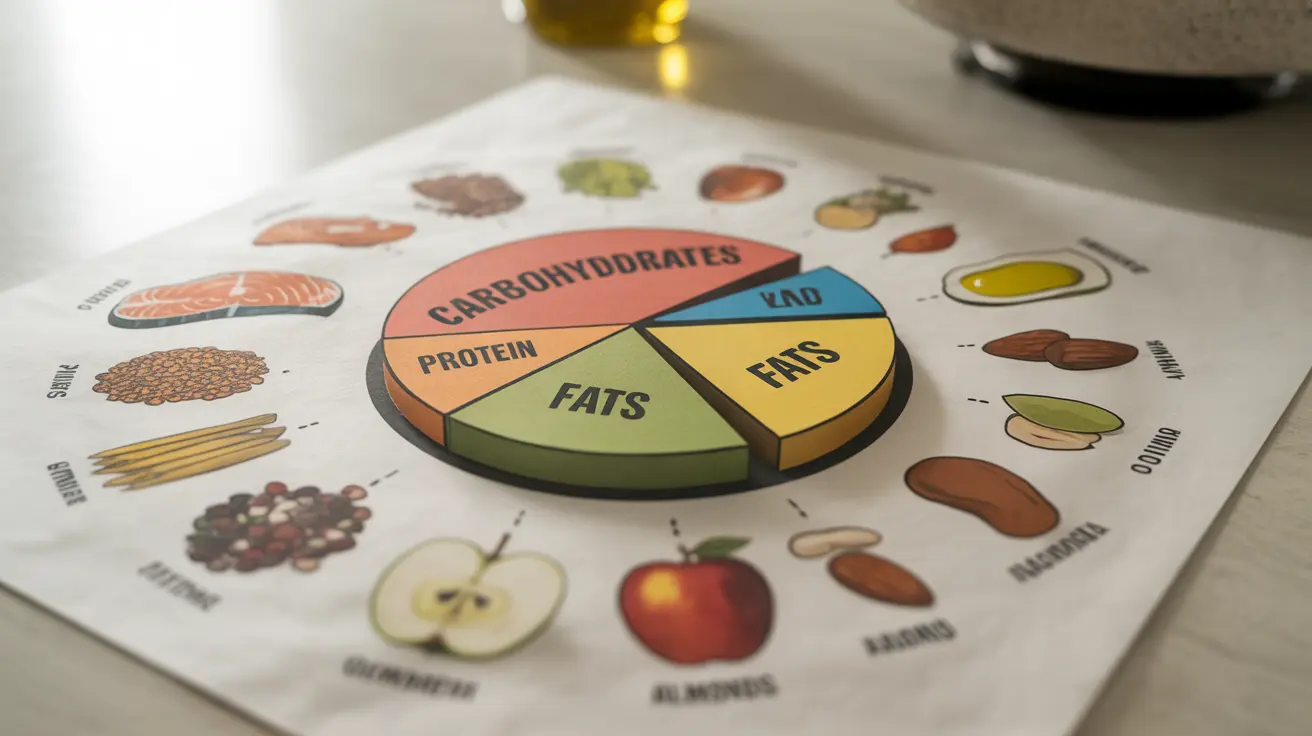 Illustration showing sources of macronutrients: fish, beans, whole grains, fruits, nuts, oil, labeled for proteins, carbohydrates, and fats.