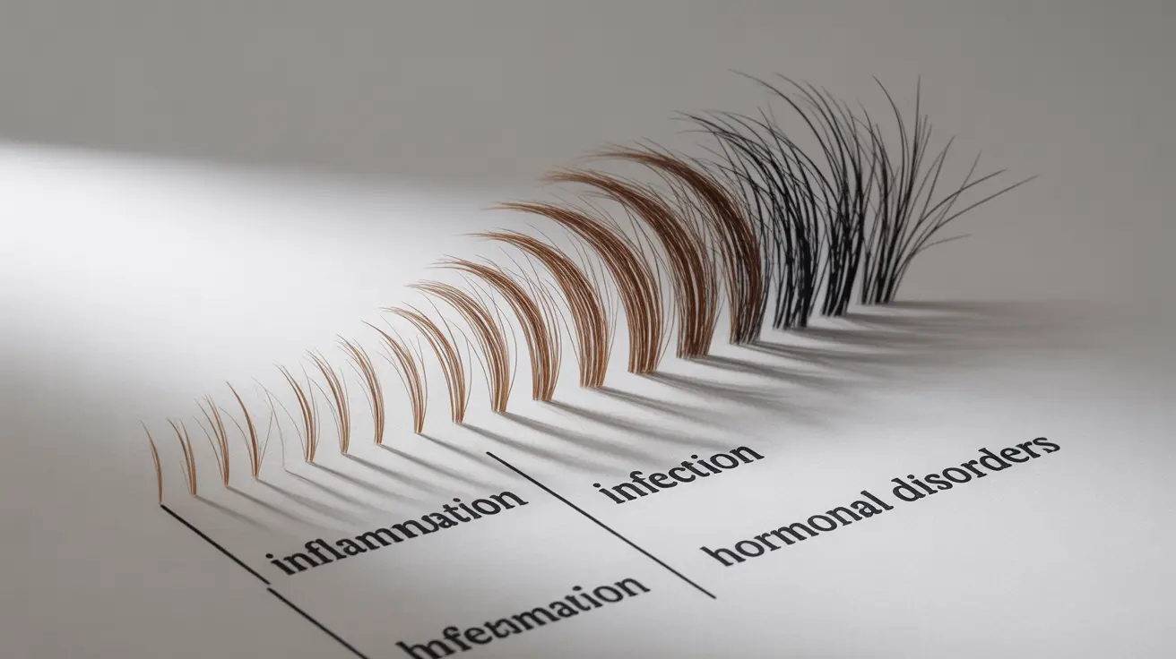 Detailed illustration showing progression from healthy eyelashes and eyebrows to stages of hair loss with potential causes like inflammation on a white background