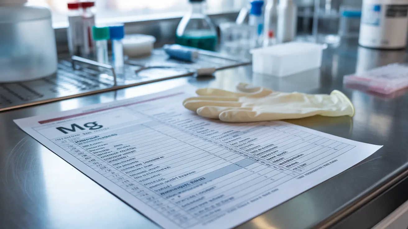 Detailed illustration of a magnesium blood test result sheet, prominently displaying 'Mg' and normal ranges with annotations in a clean laboratory setting