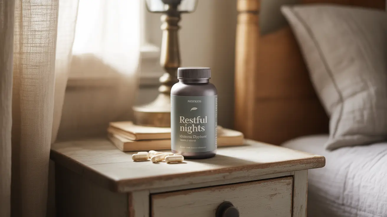 Close-up of a magnesium glycinate supplement bottle and capsules on a bedside table in a cozy bedroom with warm inviting light