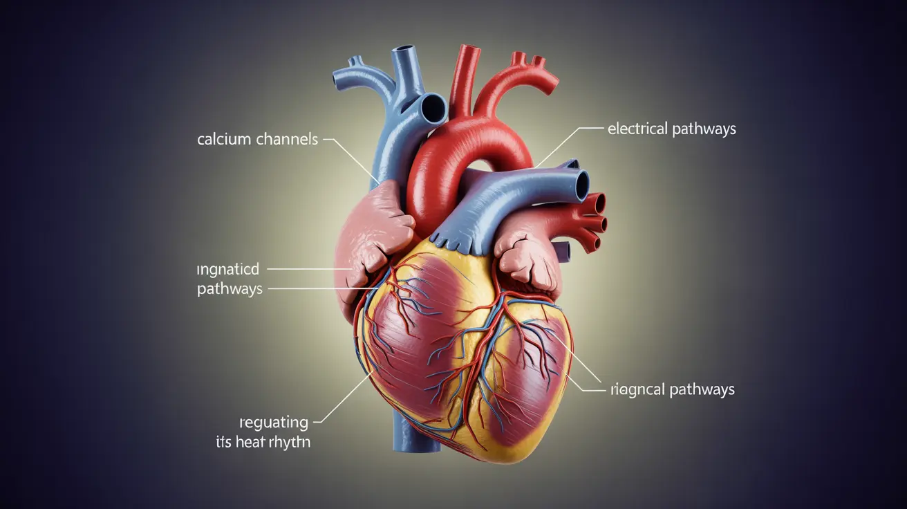 Detailed illustration of anatomical heart showing magnesium regulation of heart rhythm with clear labels on calcium channels and electrical pathways