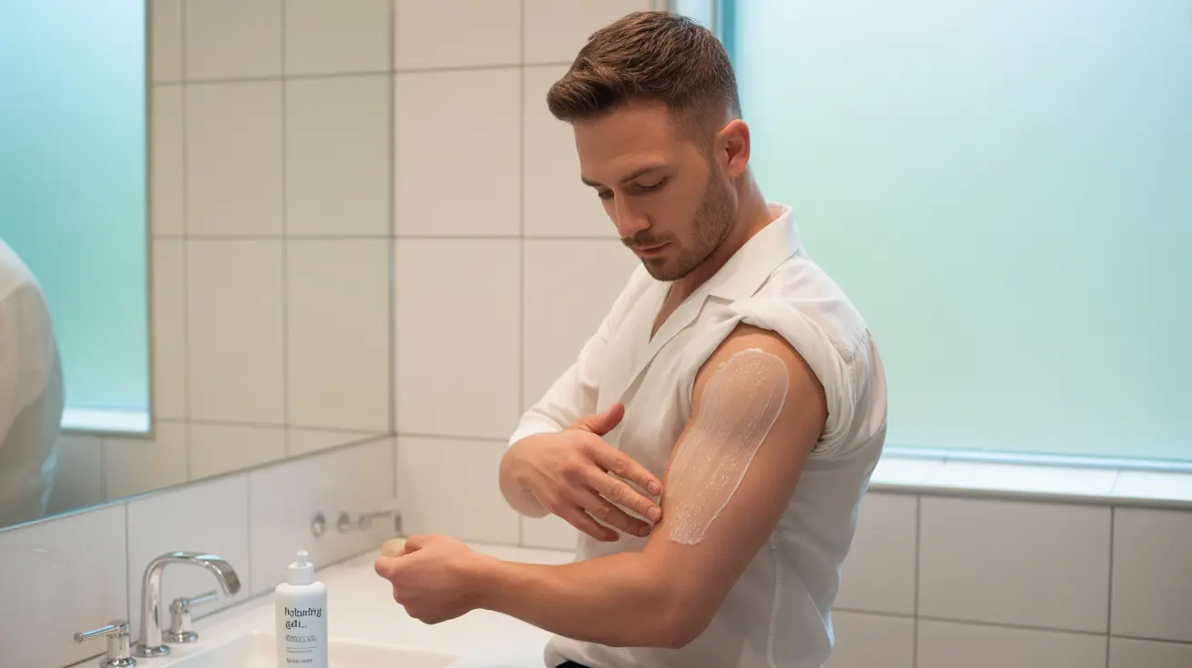 Man applying clear gel to upper arm in a bright bathroom, focused on application