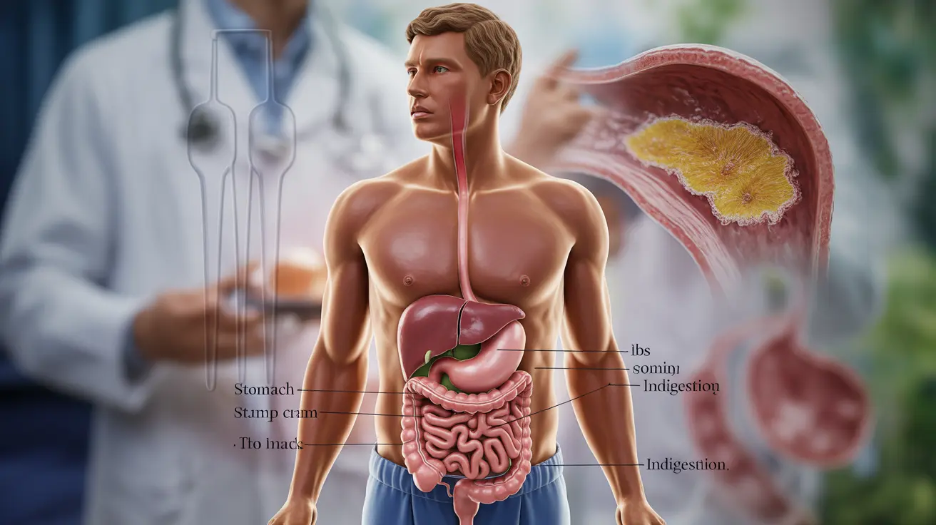 Detailed illustration of a male silhouette highlighting the digestive tract with labeled sections such as the stomach, intestines, and liver against an abstract background with medical diagrams.