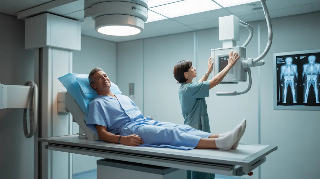 Male patient on X-ray table, clinical radiology room, radiologic technologist adjusting X-ray machine, focusing on equipment and patient position