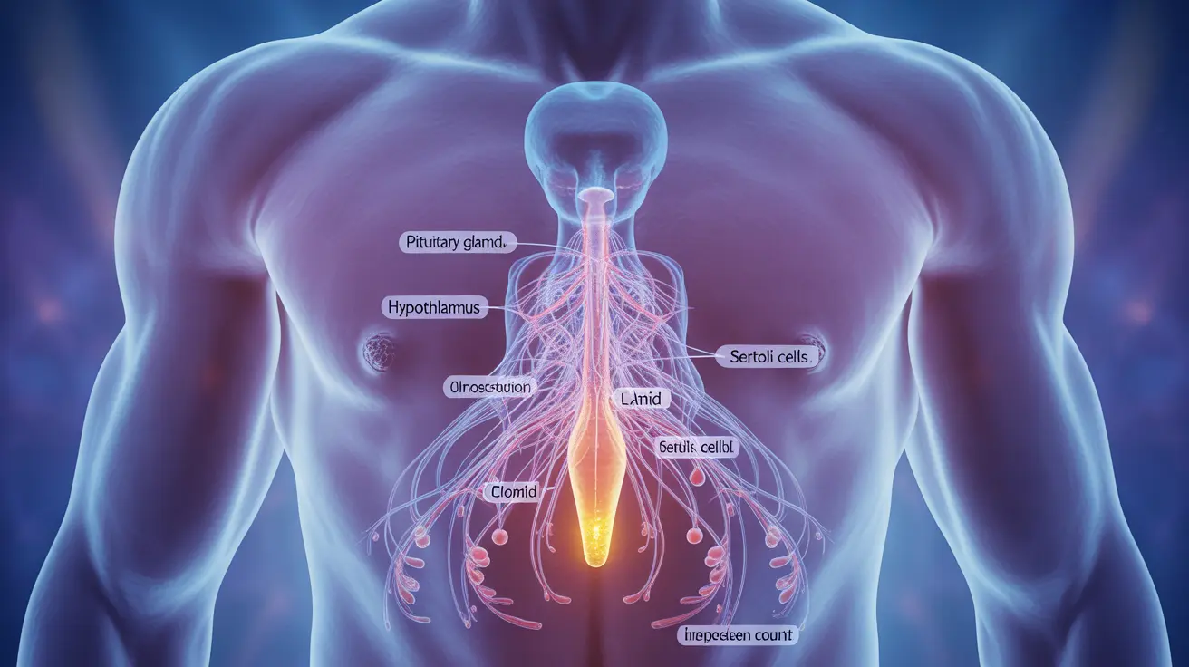 Detailed illustration showing the male reproductive system highlighting Clomid's mechanism, hormone pathways, and stimulation of testosterone and sperm production.