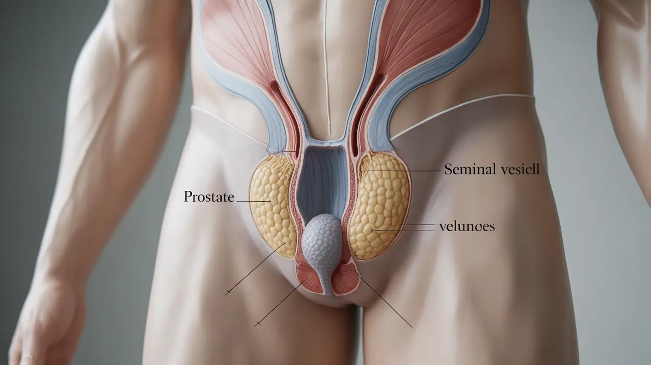 Illustration of the male reproductive system with highlighted prostate and seminal vesicles, educational and labeled