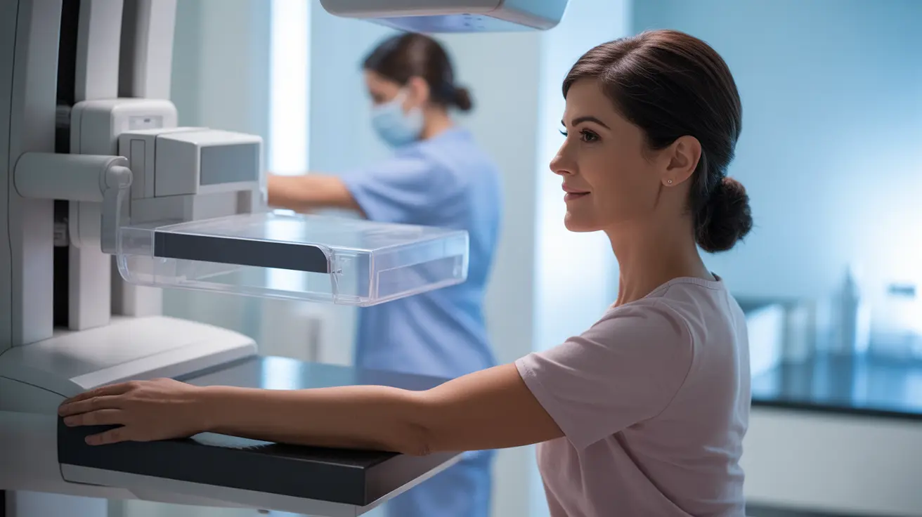 Woman receiving a mammogram examination in a clinical setting, mammography machine visible, bright clinic lighting