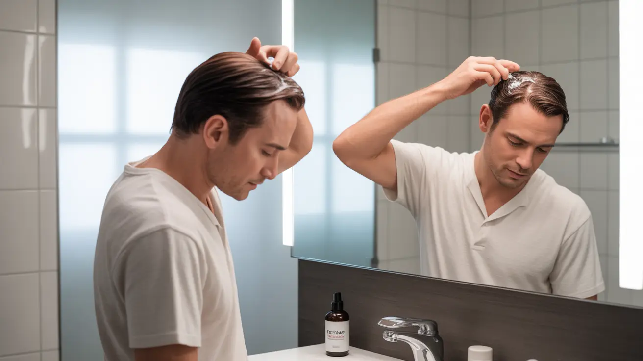 Man applying topical hair thickening treatment in a modern bathroom, focused and determined, reflection in vanity mirror.