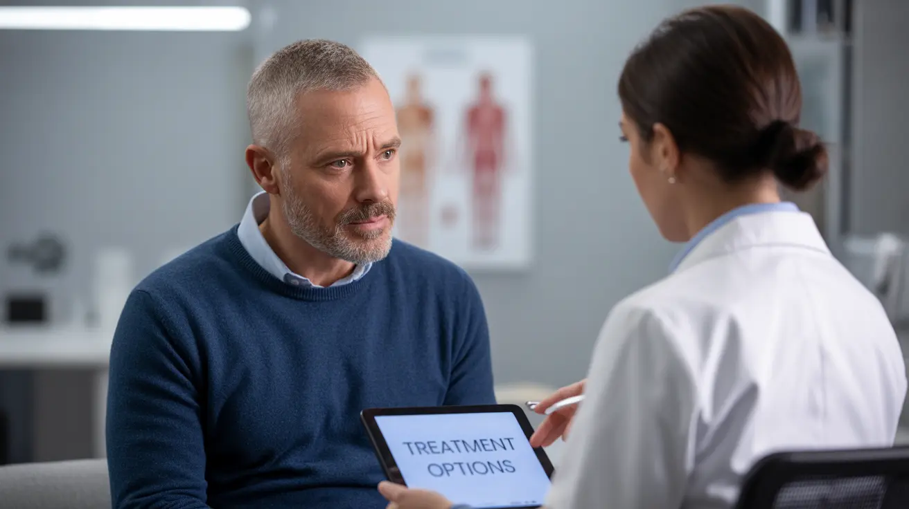 Middle-aged man consulting with a healthcare professional in a bright clinical office about erectile dysfunction treatment options
