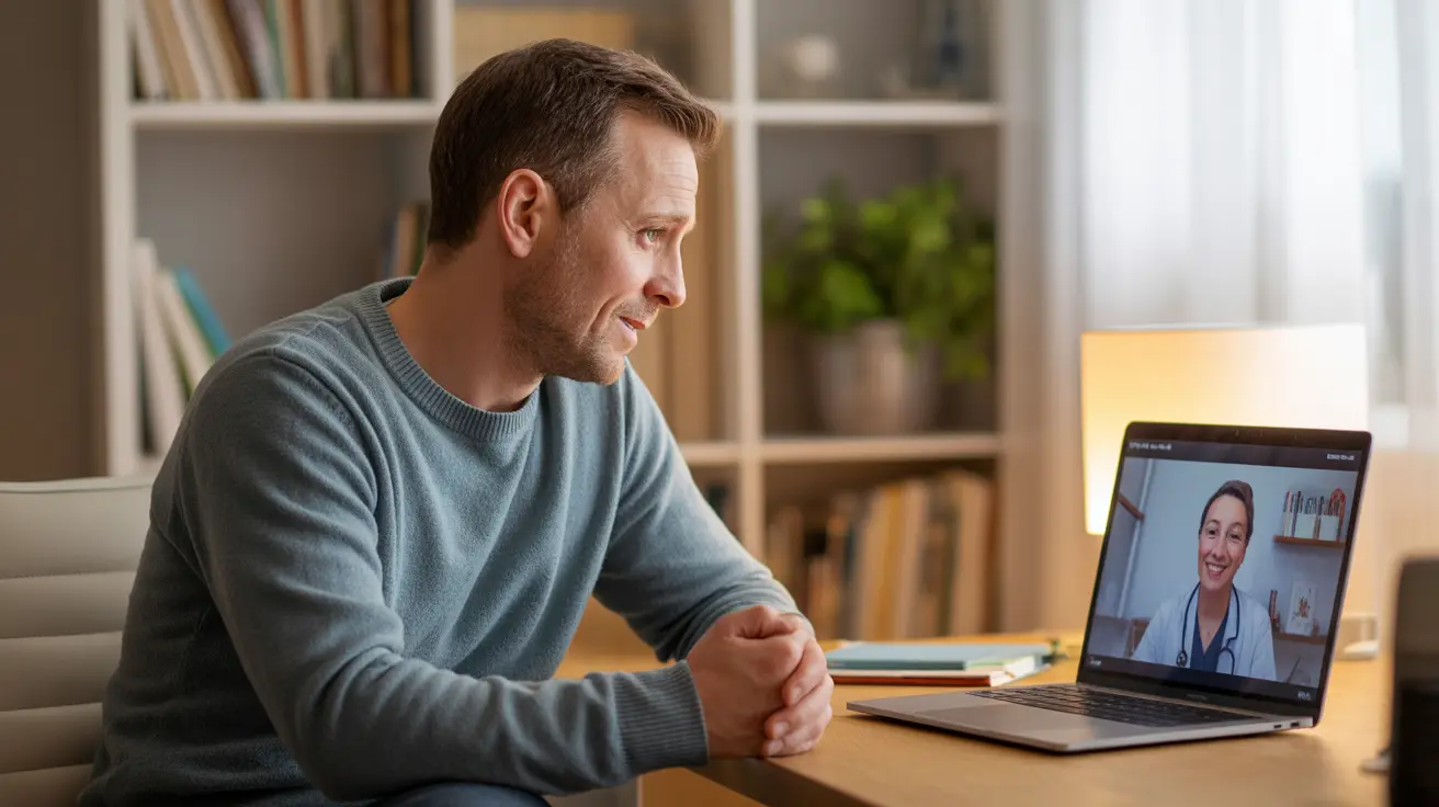 Man consulting with healthcare provider online about erectile dysfunction treatment using a laptop in a comfortable home office