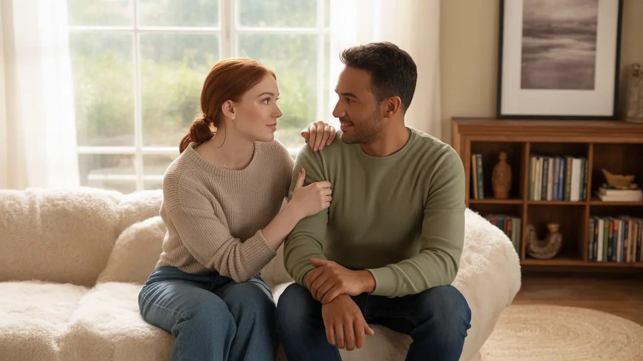 A couple sitting on a sofa in a cozy living room, engaged in a supportive conversation, showing intimacy and empathy with warm lighting.