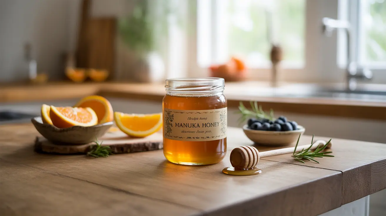 Detailed illustration of a jar of Manuka honey surrounded by honey dipper, fruits, herbs, in a bright kitchen setting