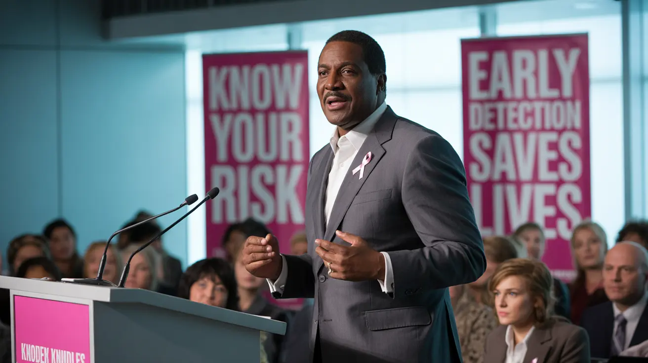 Mathew Knowles passionately speaking at a male breast cancer awareness event, engaging with the audience in a bright seminar room.