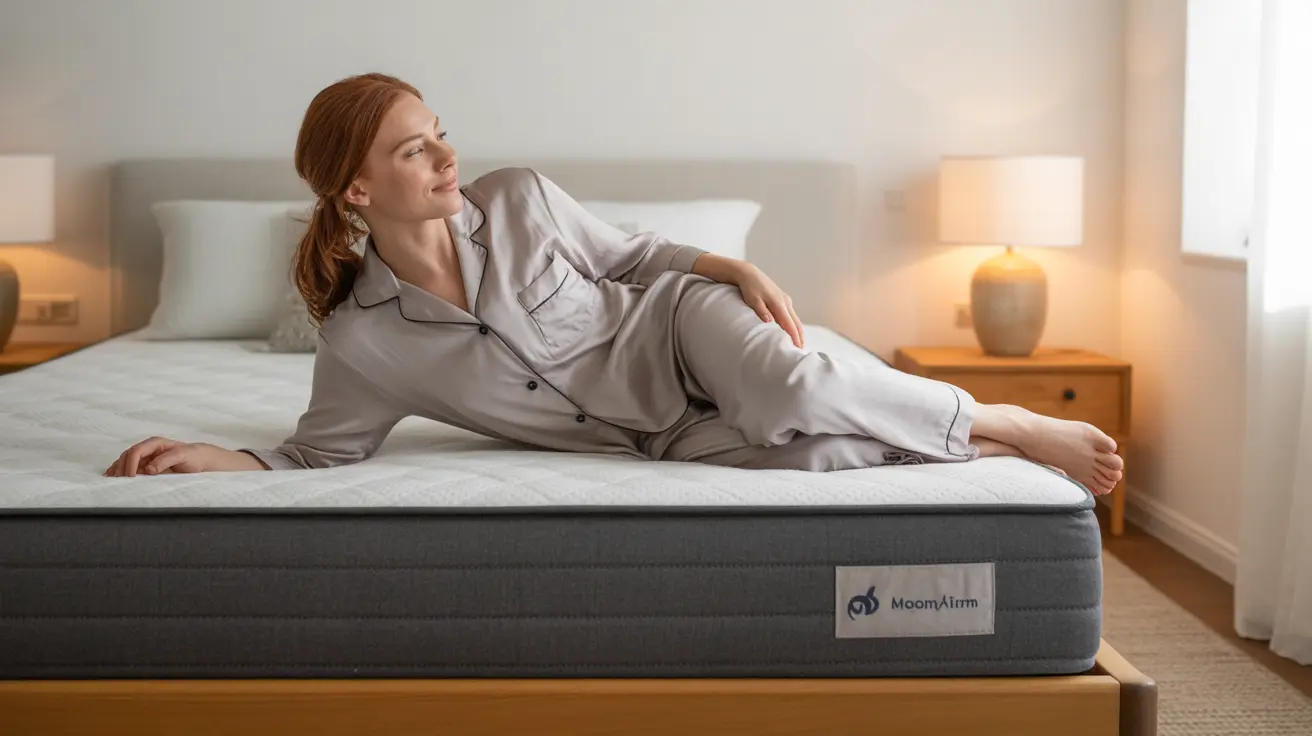 Person testing a medium-firm mattress while lying on their side, showcasing proper spinal alignment in a bright modern bedroom