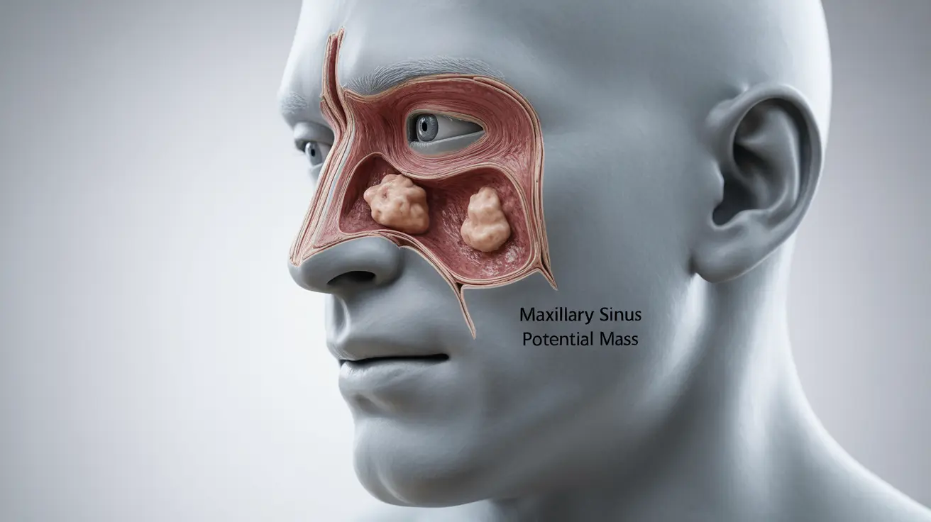 Anatomical illustration of human head with labeled maxillary sinuses, showing cross-section and potential masses on clean white background