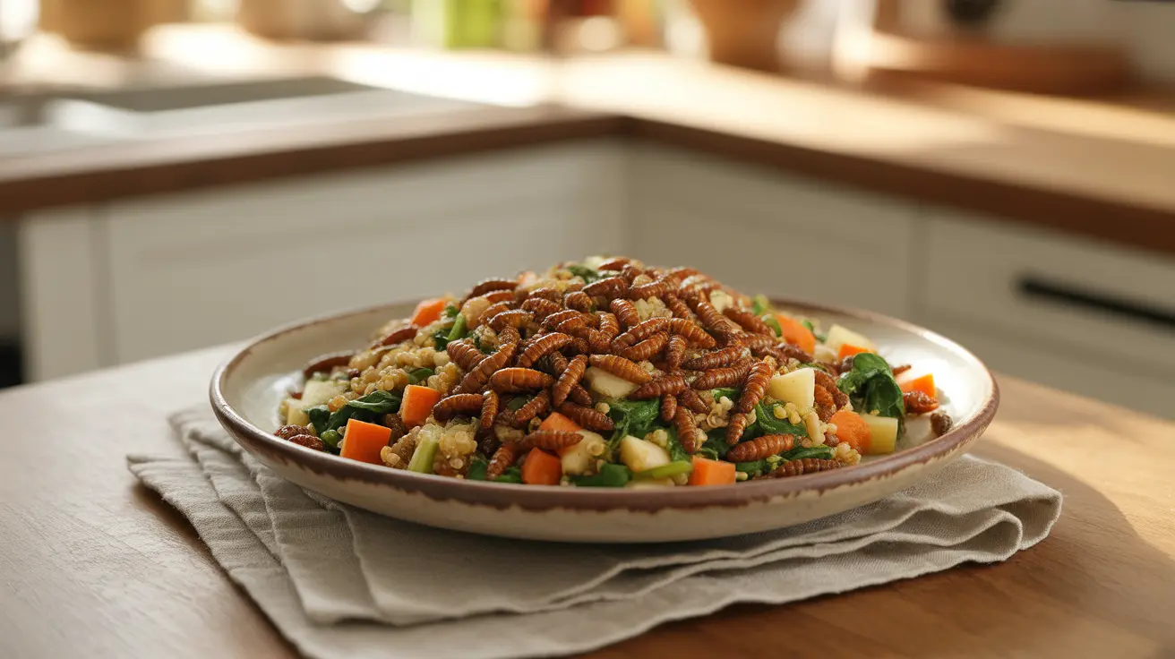 Detailed illustration of a plate with mealworms alongside fresh vegetables and grains on a bright kitchen counter with warm lighting.