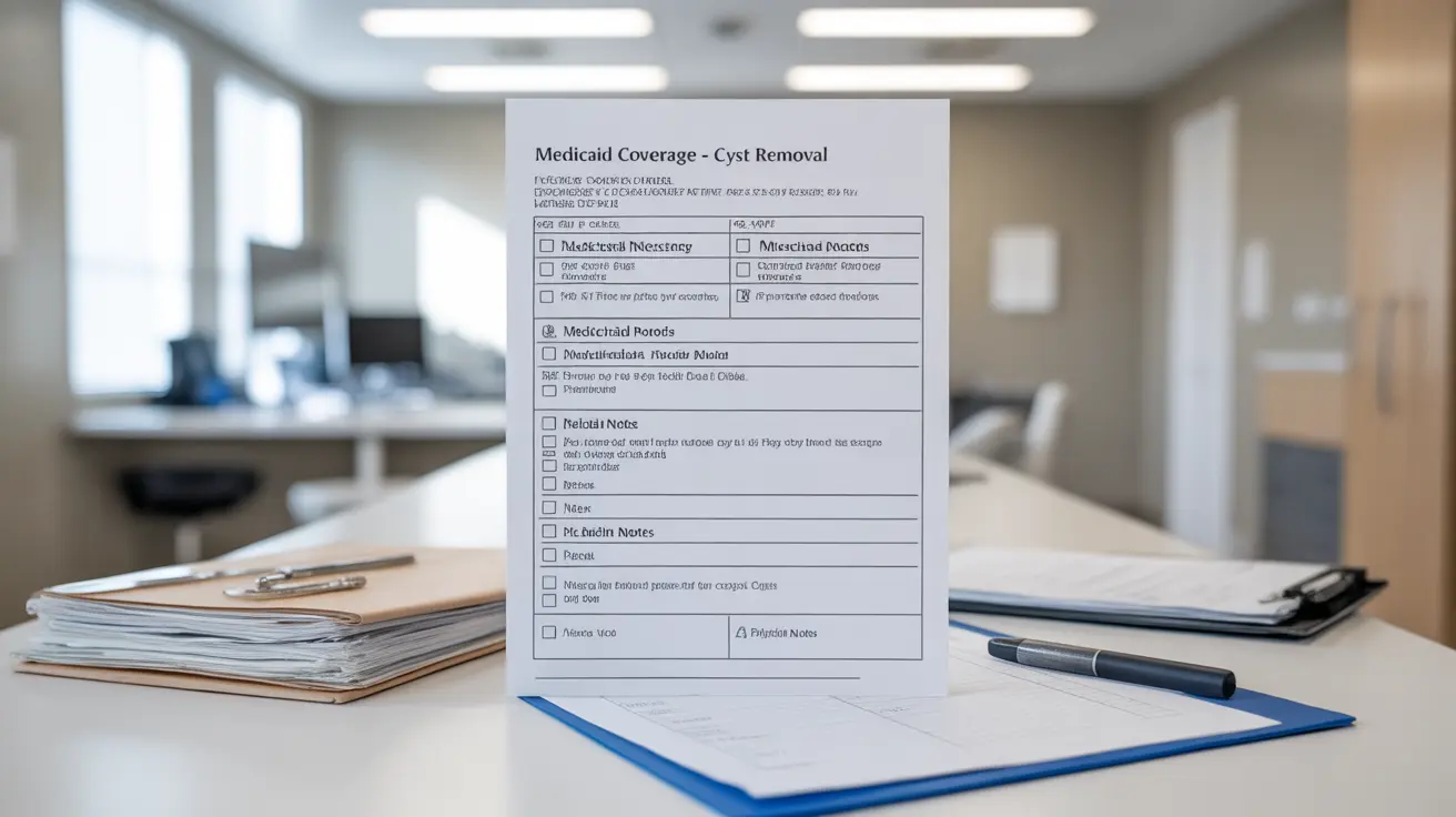 Detailed illustration in a clinical setting, showcasing a medical documentation checklist for Medicaid coverage of cyst removal with bright clinical lighting.