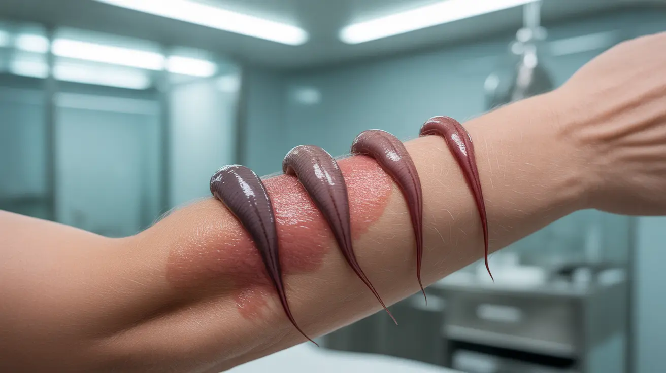 Detailed illustration of medical leeches attached to a patient's forearm in a clean, sterile clinical setting, showcasing therapeutic use of leech therapy.