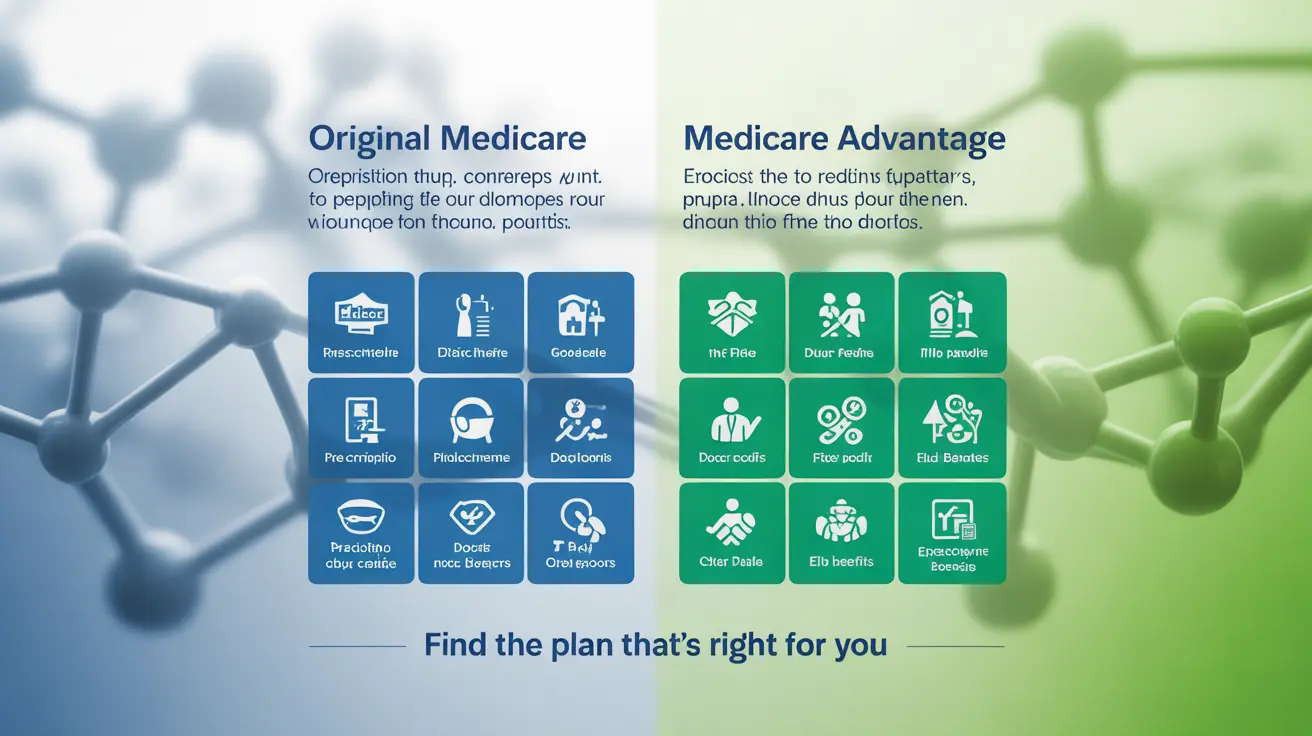 Detailed illustration comparing Original Medicare and Medicare Advantage plans with visual icons and an abstract healthcare-themed background