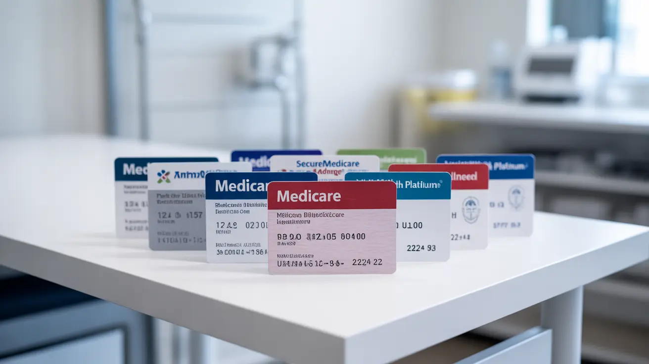 Detailed illustration depicting various Medicare cards, including Original Medicare and Medicare Advantage plan cards, in a clean, clinical setting.