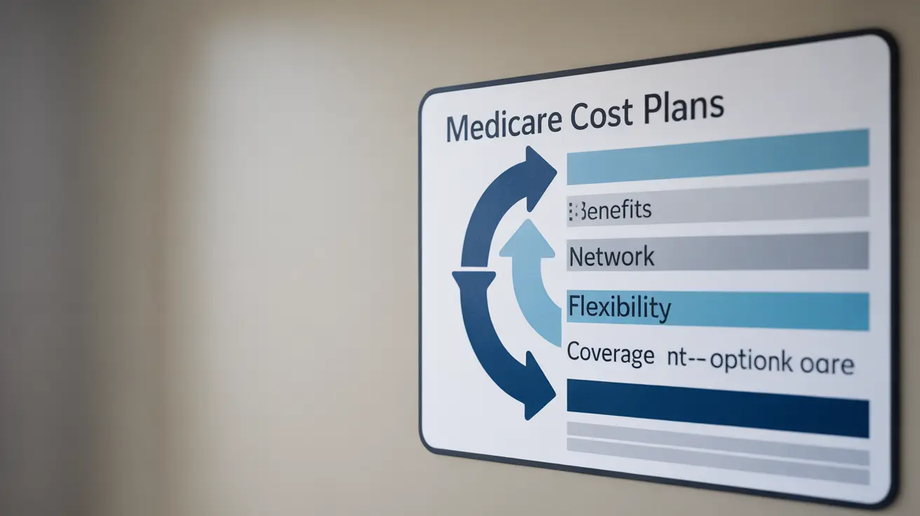 Infographic diagram showing Medicare Cost Plans structure, labeled sections for benefits, network flexibility, and coverage, with arrows for in-network and out-of-network care integration, in blue tones.