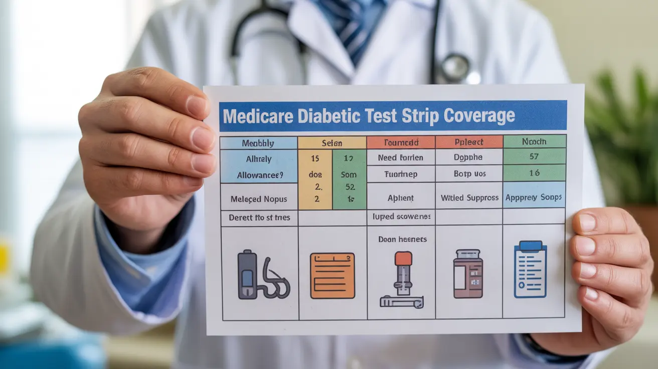 Illustration explaining Medicare's coverage for diabetic test strips, featuring monthly allowances, documentation, supplier options, colorful and instructional layout