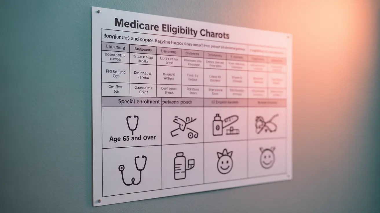 Detailed illustration of a Medicare eligibility chart, visualizing the eligibility process and enrollment timelines set against an abstract background with healthcare symbols.