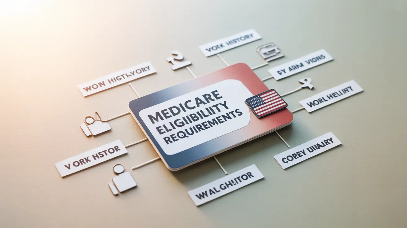 Detailed illustration showing Medicare eligibility requirements with icons of work history, US flag, and Medicare card on a neutral background.