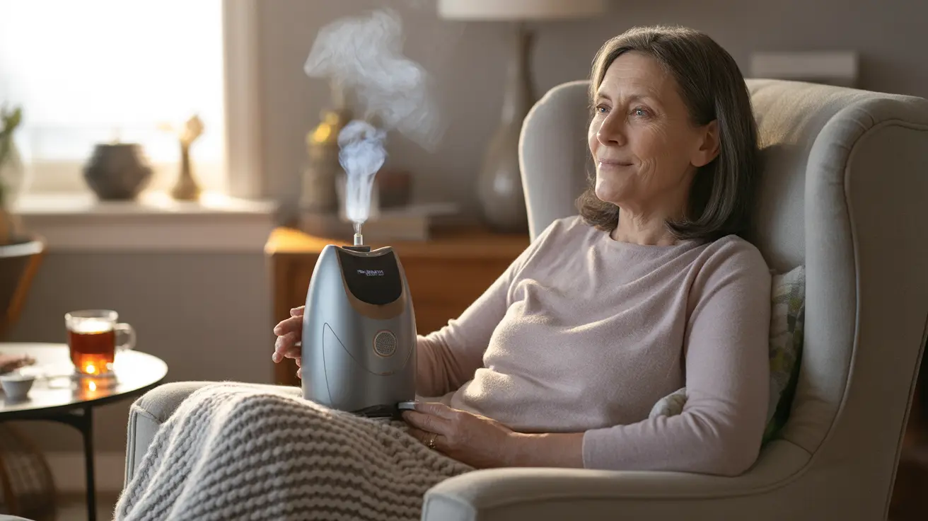 Person seated with home oxygen concentrator in a cozy living room, emphasizing comfort and medical necessity.