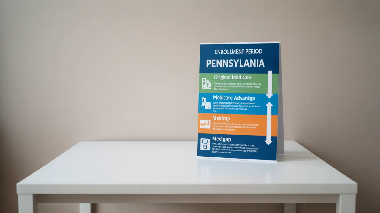 Infographic with Medicare options in Pennsylvania, clean diagram with bright colors, shows Original Medicare, Medicare Advantage, and Medigap plans, enrollment timeline details