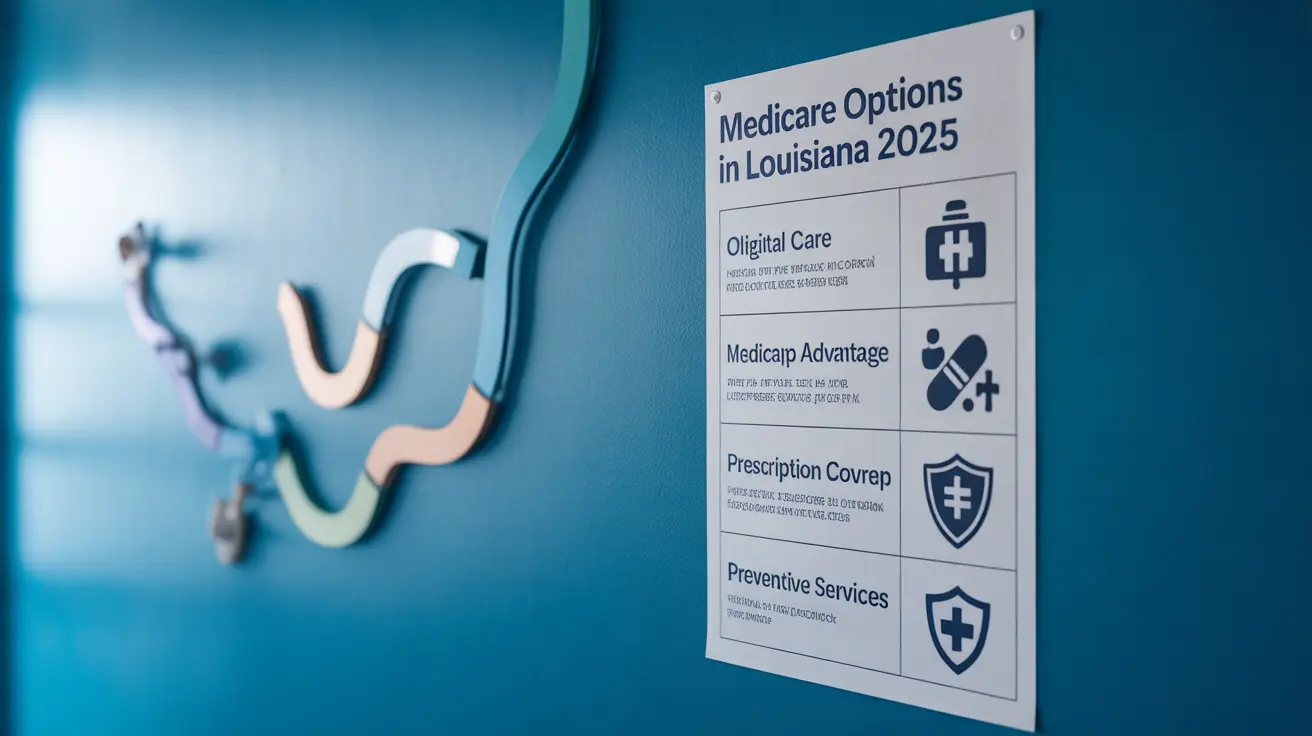 Detailed illustration showcasing different Medicare options in Louisiana in 2025, including Original Medicare, Medicare Advantage plans, and Medigap plans.