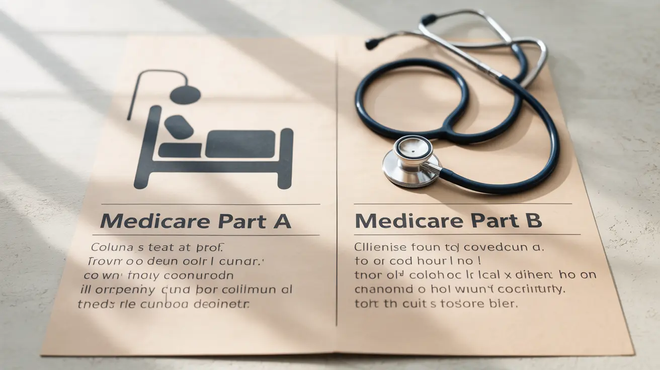 Infographic showing side-by-side comparison of Medicare Part A and Part B, icons include hospital bed for Part A and stethoscope for Part B