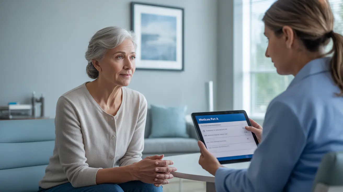 Older adult consulting with a healthcare professional about Medicare Part A options in a clean, organized clinical office