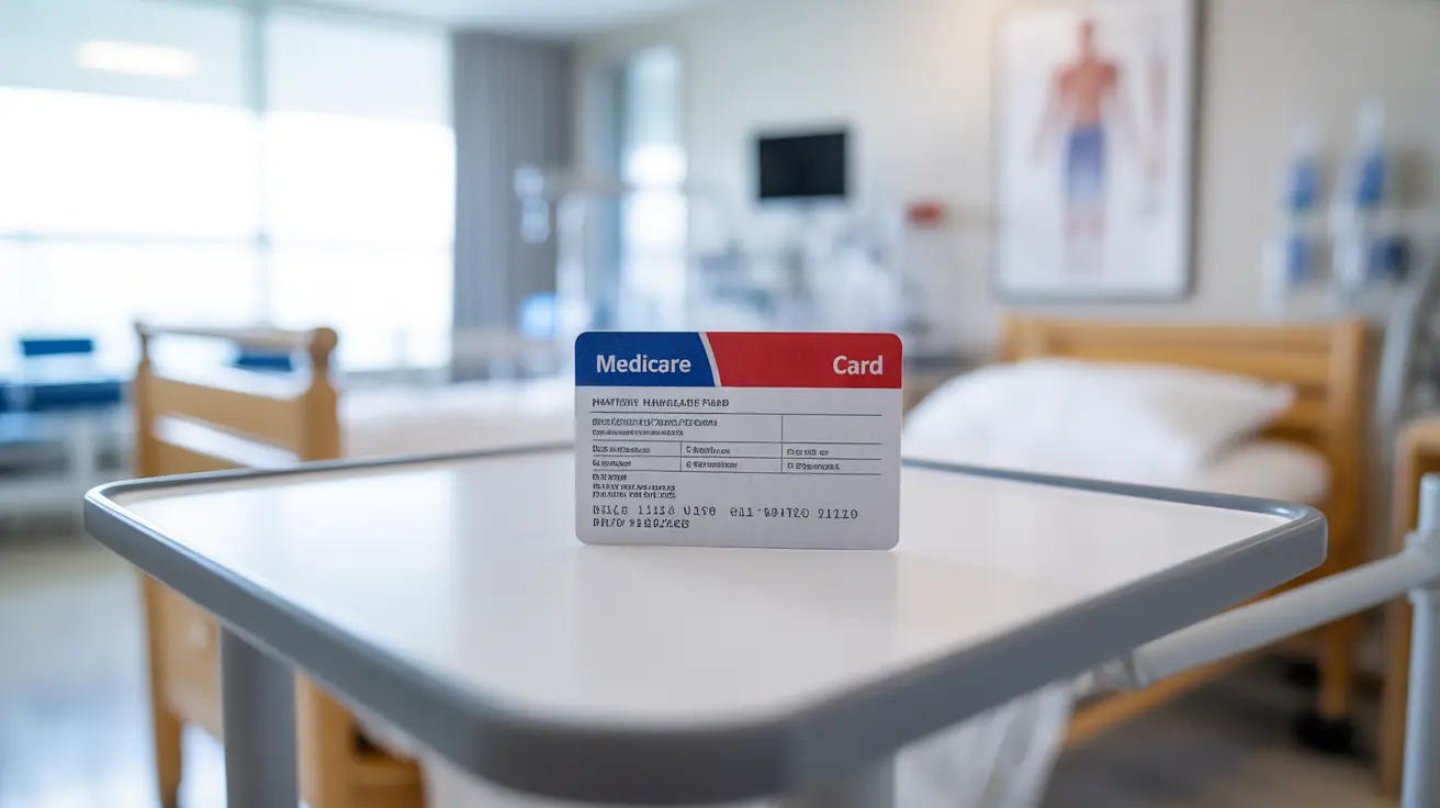 Illustration of a Medicare card with inpatient rehabilitation facility backdrop, including therapy symbols like physical and occupational therapy
