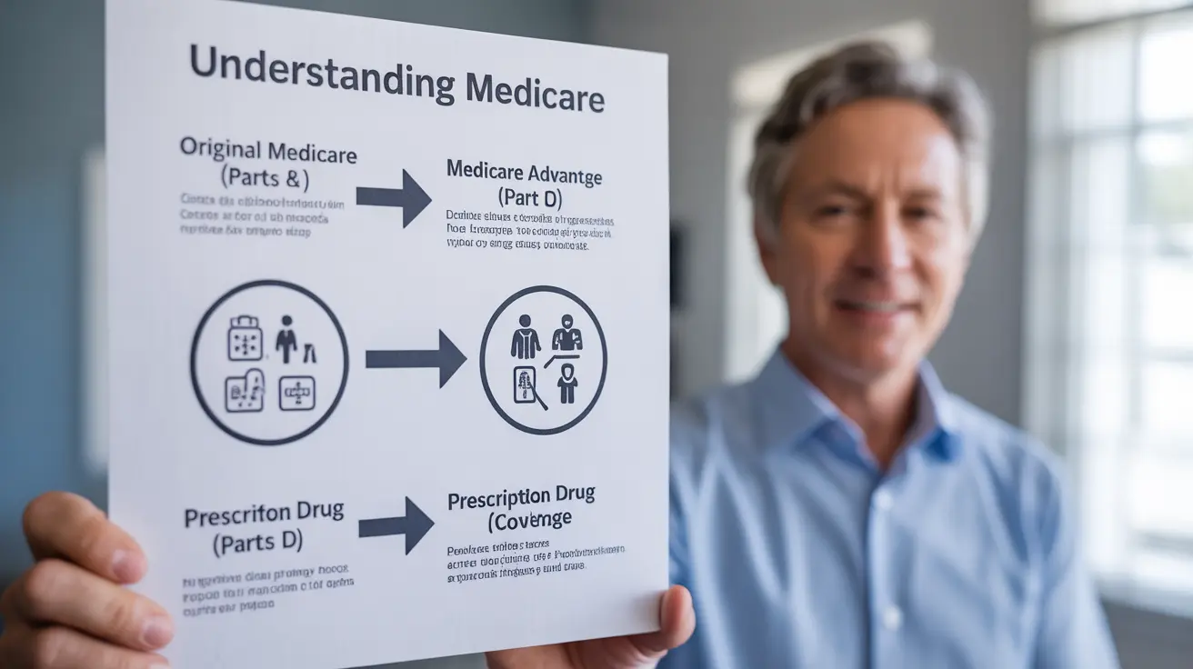 Detailed illustration showing the Medicare reimbursement process, with labeled sections for Original Medicare, Medicare Advantage, and Prescription Drug Coverage.