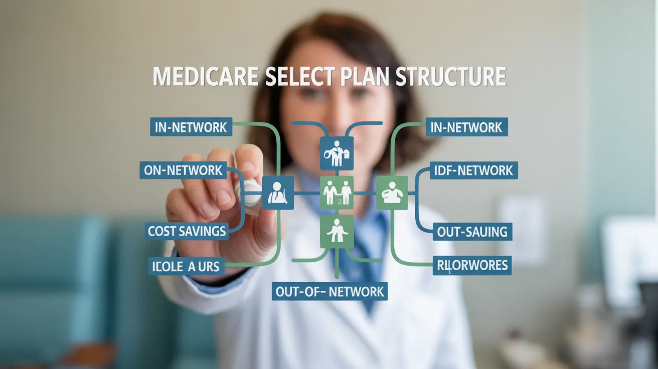 Infographic showing Medicare Select plan structure with network flow, hospital and doctor icons, emergency care highlights in blue and green