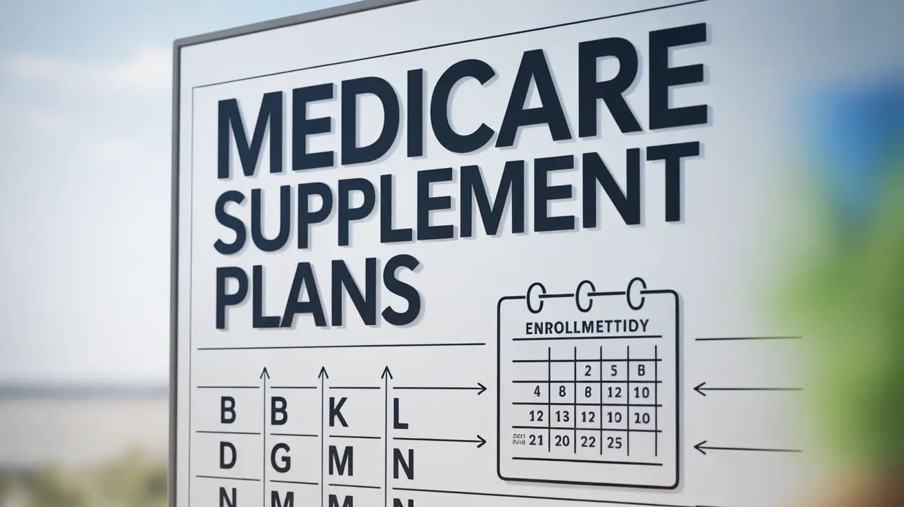 Detailed illustration of Medicare Supplement plans labeled A, B, D, G, K, L, M, and N, with coverage options and a calendar for enrollment periods on a healthcare-themed background.