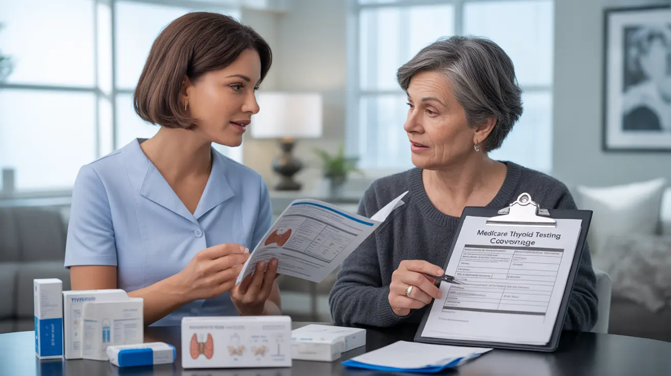 Healthcare worker explaining thyroid testing process in a medical office, with forms and equipment displayed in a clinical atmosphere