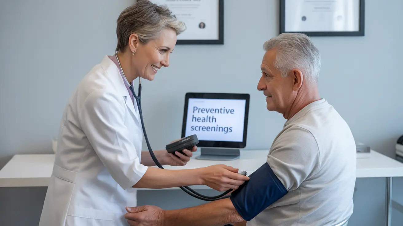 Healthcare professional in white coat measuring senior patient's blood pressure in a doctor's office, explaining preventive health screenings