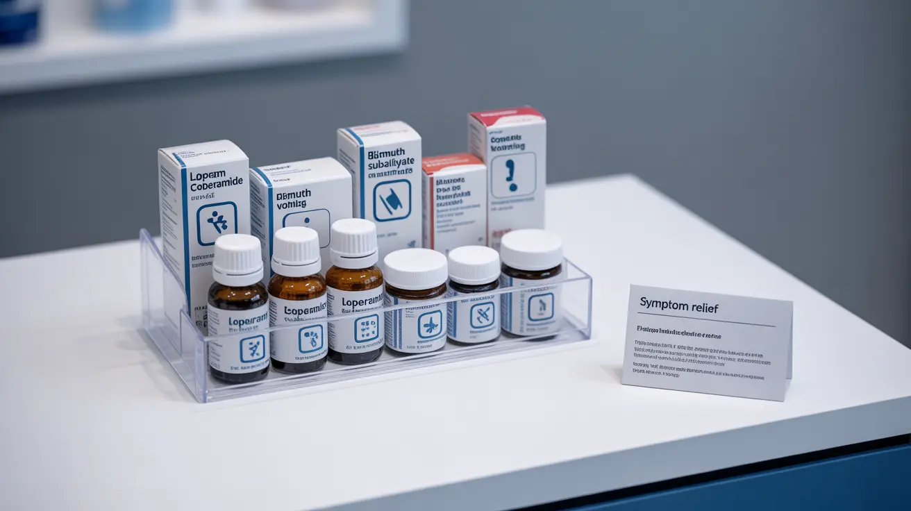 Illustration of over-the-counter medications like loperamide and bismuth subsalicylate for diarrhea and vomiting, organized layout