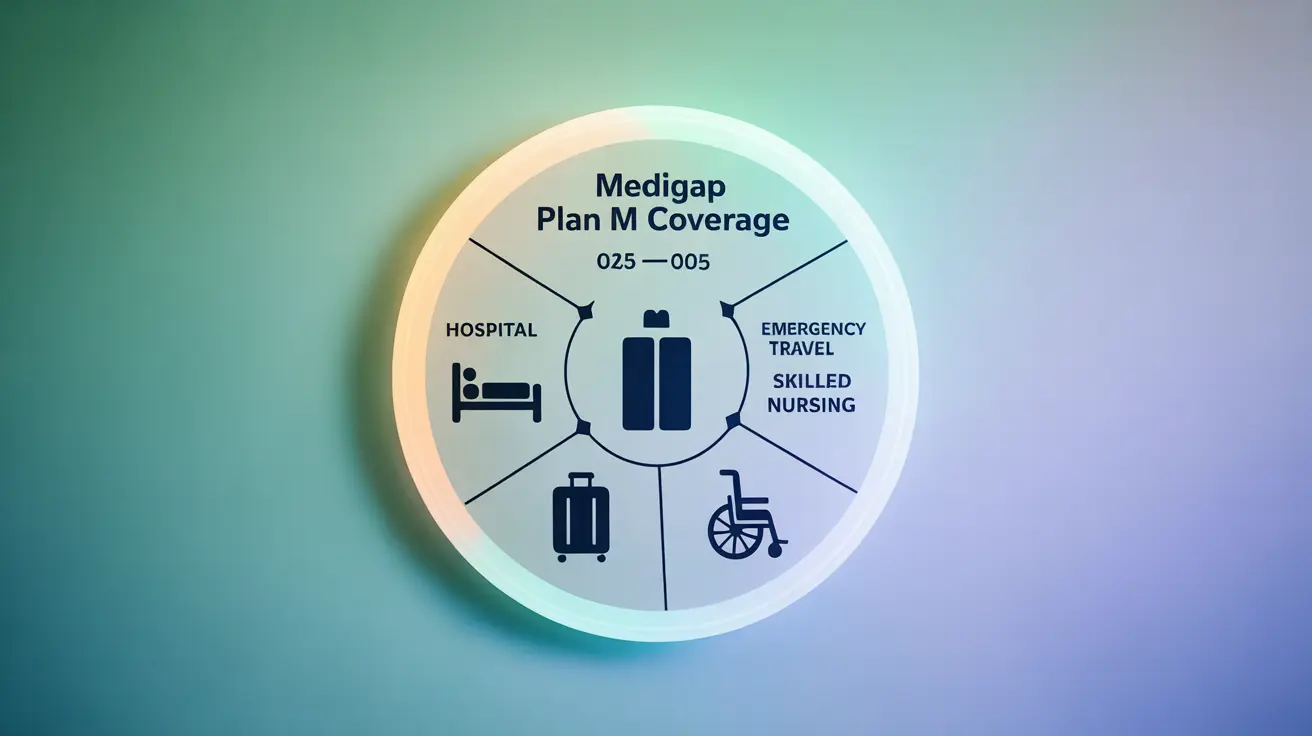 Infographic with Medigap Plan M details: hospital, emergency travel, skilled nursing icons, blue and green colors, informative layout
