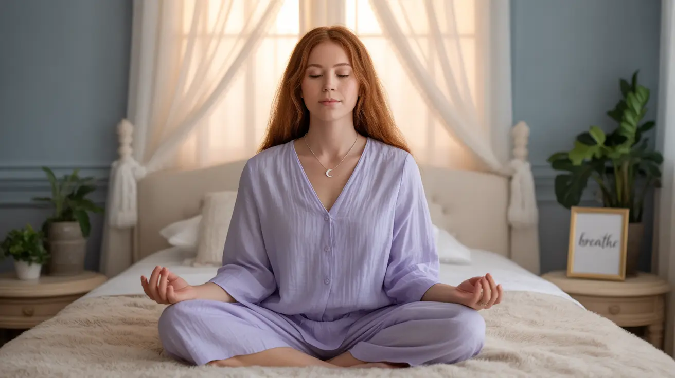 Person meditating on bed, cross-legged, in warm lit bedroom with calming blue and green tones, depicting relaxation