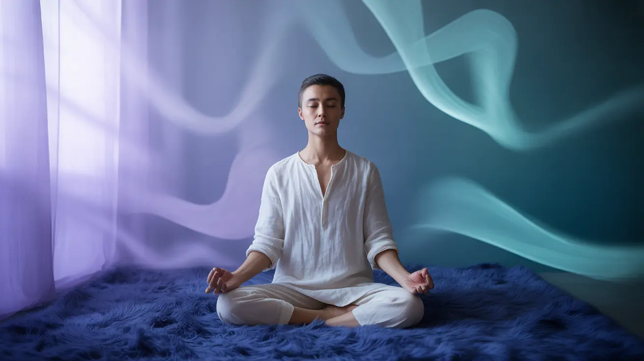 Person meditating serenely with soft lighting and abstract shapes symbolizing peace and emotions.