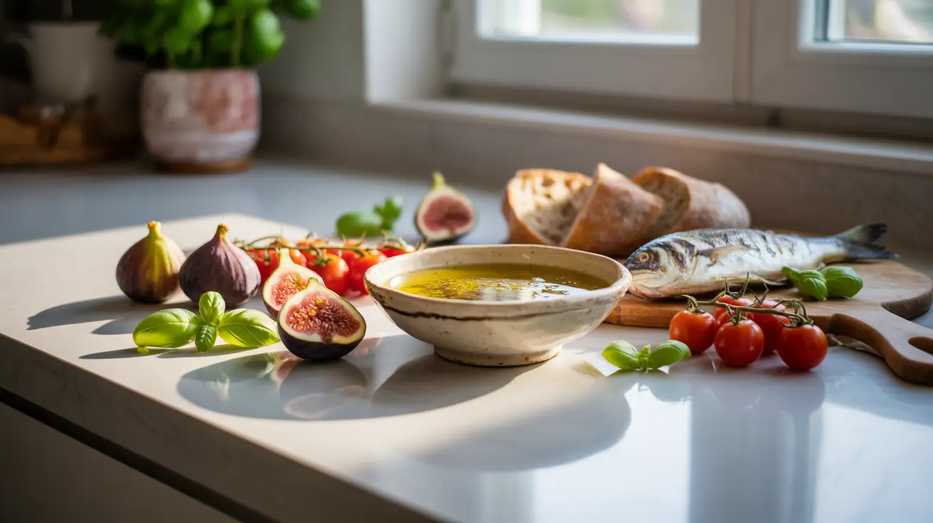 Overhead view of Mediterranean diet foods: olive oil, fresh fruits, vegetables, whole grains, fish on bright kitchen counter