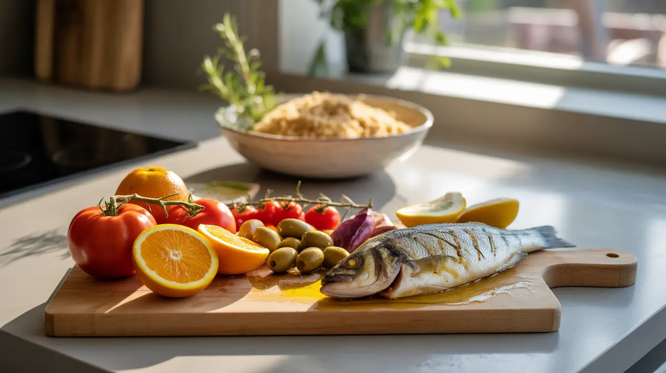 Wide-angle shot of fresh Mediterranean diet ingredients like fruits, vegetables, whole grains, olive oil, and fish on a kitchen counter