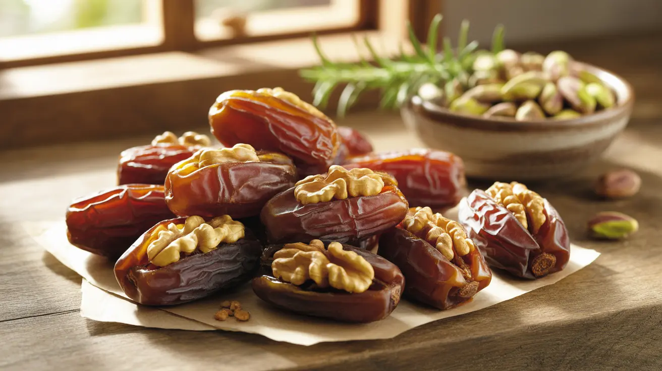Close-up of various Medjool dates on a kitchen counter, some stuffed with nuts, in natural daylight