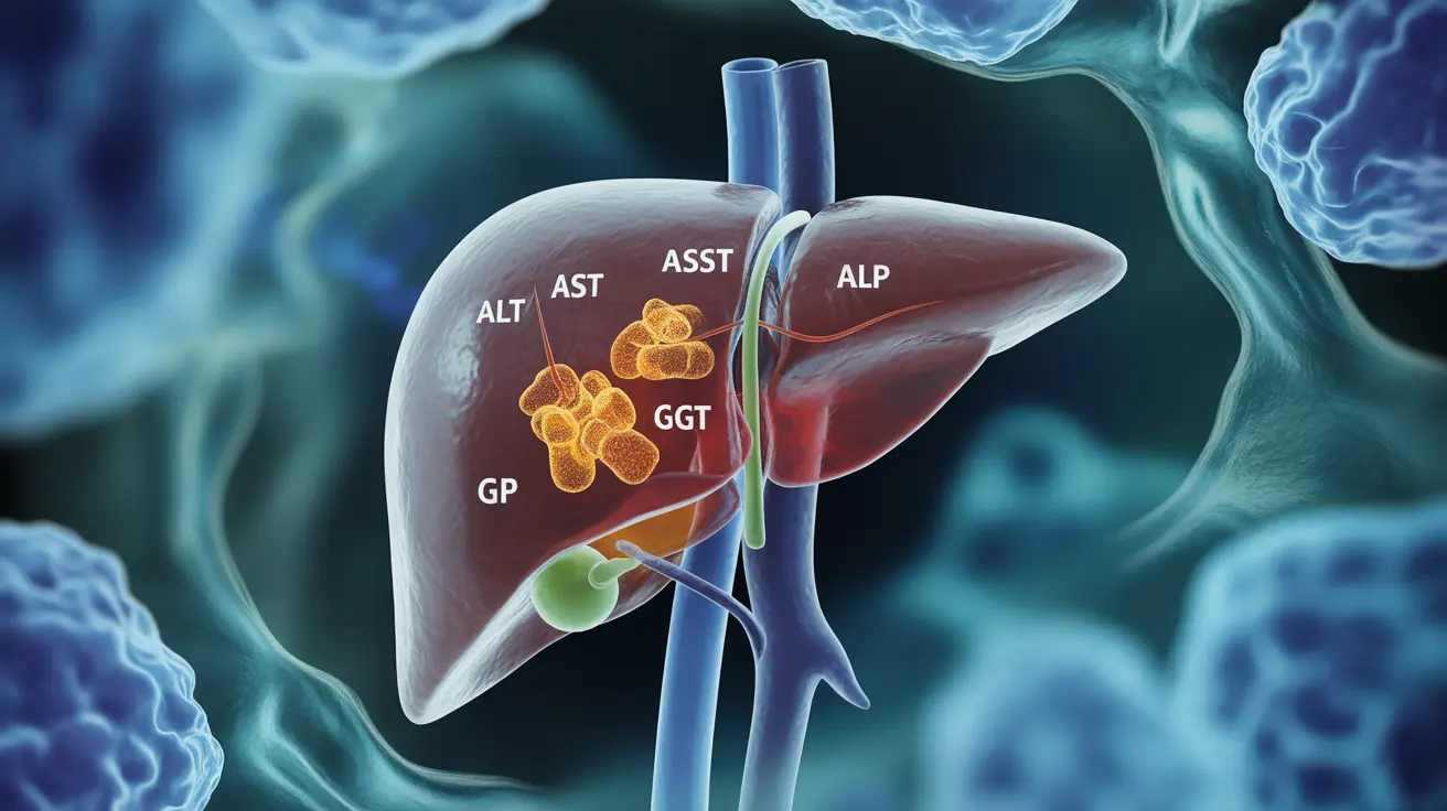 Detailed illustration showing human liver with enzymes processing meloxicam; enzymes labeled ALT, AST, GGT, ALP, bright clinical lighting, focus on liver function